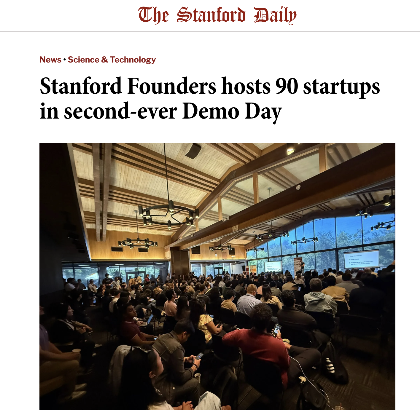 Packed audience at Stanford Founders Demo Day Spring 2025 at Tresidder Oak Lounge